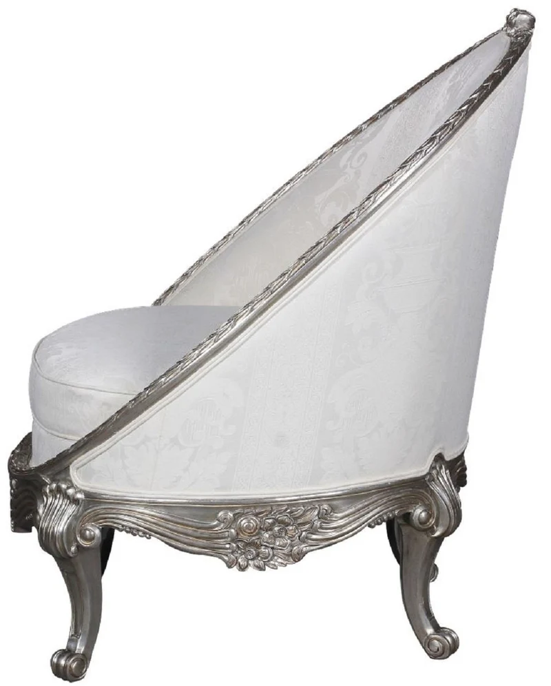 Casa Padrino Luxus Barock Sessel Weiß / Silber 80 x 87 x H. 100 cm - Edler Wohnzimmer Sessel in Eiform - Barock Wohnzimmer Möbel