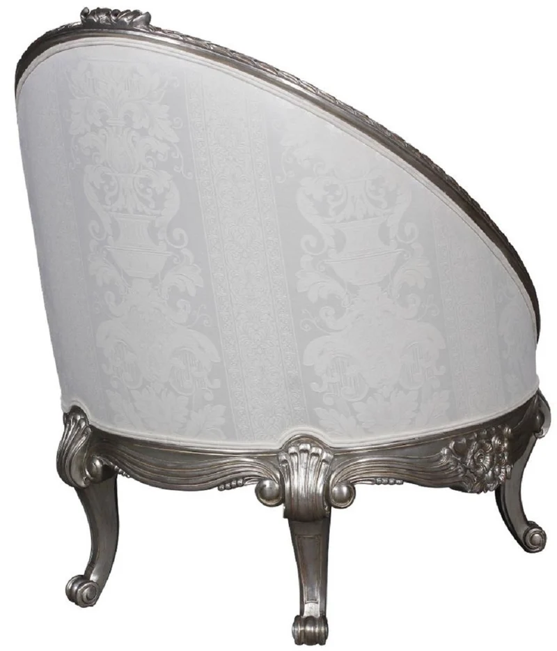 Casa Padrino Luxus Barock Sessel Weiß / Silber 80 x 87 x H. 100 cm - Edler Wohnzimmer Sessel in Eiform - Barock Wohnzimmer Möbel