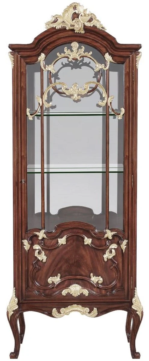 Casa Padrino Luxus Barock Vitrine Braun / Gold 79 x 42 x H. 207 cm - Prunkvoller Massivholz Vitrinenschrank mit LED Beleuchtung - Barock Möbel