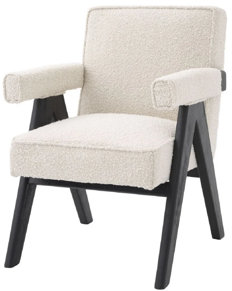 Casa Padrino Luxus Esszimmerstuhl Creme / Schwarz 63 x 70 x H. 87,5 cm - Edler Küchenstuhl mit Armlehnen - Luxus Esszimmer Möbel