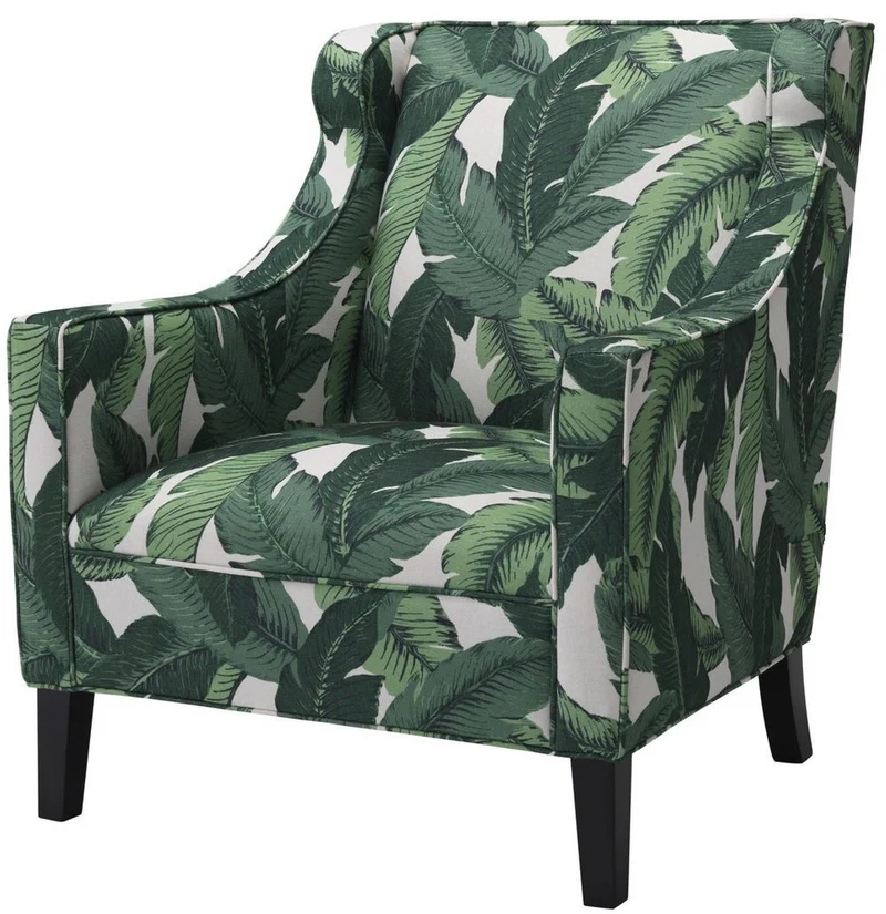 Casa Padrino Luxus Ohrensessel Grün / Weiß / Schwarz 74 x 81 x H. 89 cm - Wohnzimmer Sessel mit Palmenblätter Muster - Wohnzimmer Möbel