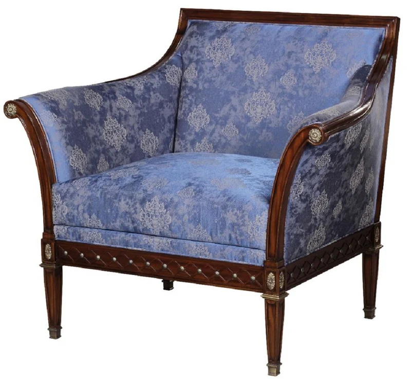 Casa Padrino Luxus Jugendstil Sessel Blau / Braun / Antik Messingfarben 112 x 89 x H. 100 cm - Edler Mahagoni Wohnzimmer Sessel mit elegantem Damastmuster - Barock & Jugendstil Wohnzimmer Möbel
