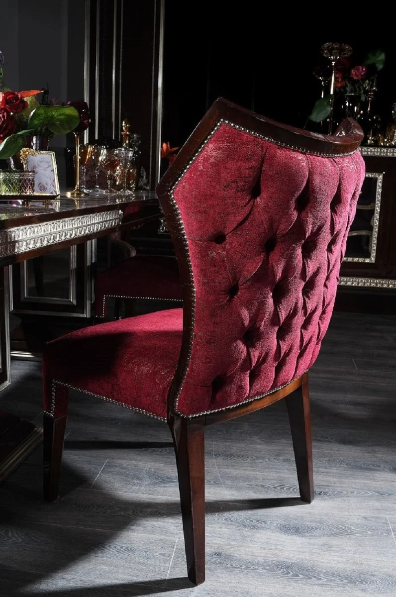 Casa Padrino Luxus Barock Esszimmer Set Bordeauxrot / Dunkelbraun / Silber - 1 Esstisch & 6 Esszimmerstühle - Esszimmer Möbel im Barockstil - Edel & Prunkvoll