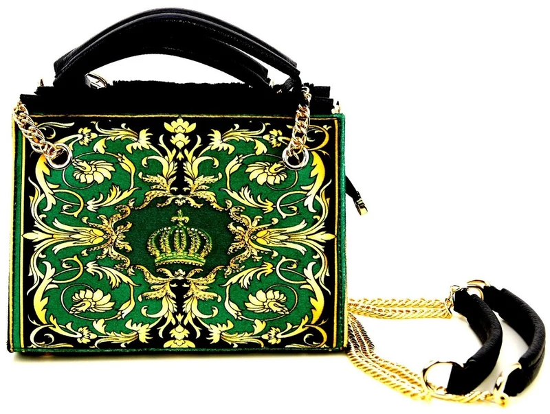 Pompöös by Casa Padrino Luxus Damen Handtasche Baroque Flowers mit Krone und Strass Steine Grün / Schwarz / Gold 25 x H. 20 cm - designed by Harald Glööckler