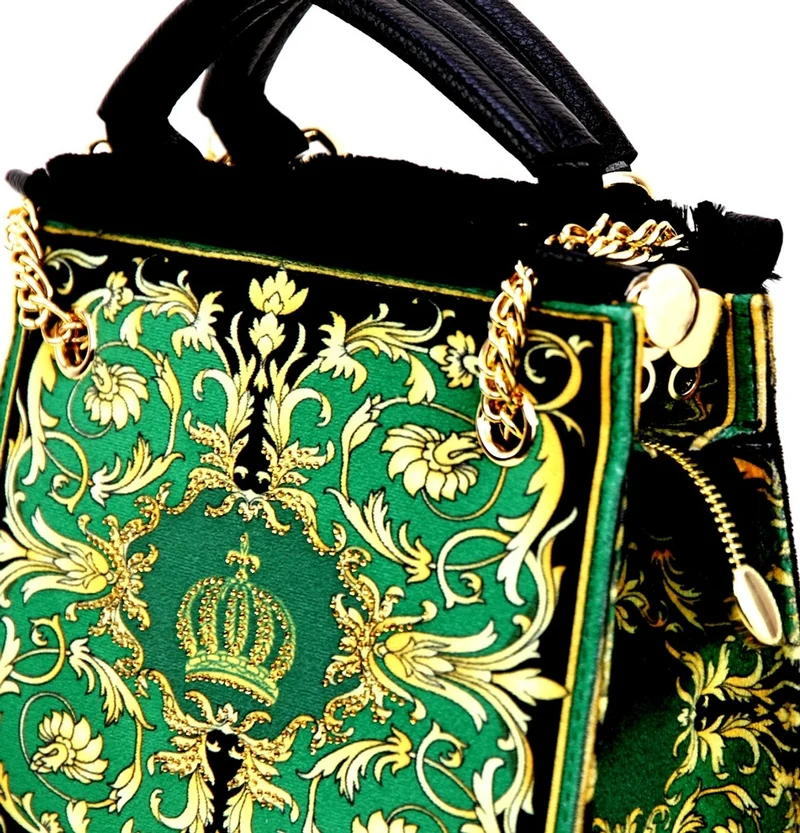Pompöös by Casa Padrino Luxus Damen Handtasche Baroque Flowers mit Krone und Strass Steine Grün / Schwarz / Gold 25 x H. 20 cm - designed by Harald Glööckler