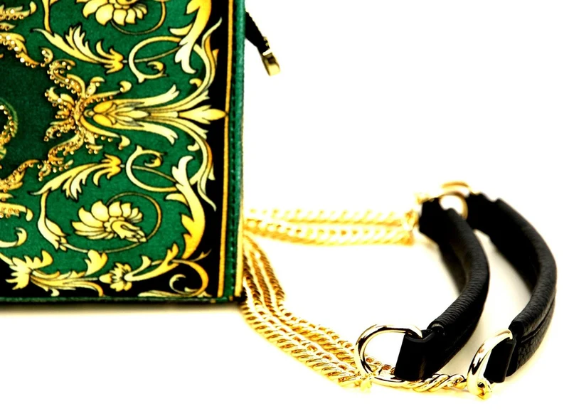 Pompöös by Casa Padrino Luxus Damen Handtasche Baroque Flowers mit Krone und Strass Steine Grün / Schwarz / Gold 25 x H. 20 cm - designed by Harald Glööckler