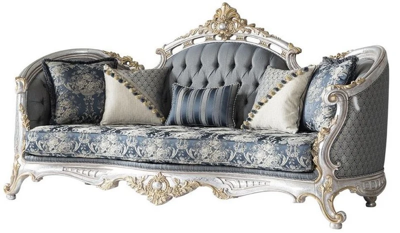 Casa Padrino Luxus Barock Wohnzimmer Sofa mit dekorativen Kissen Grau / Blau / Silber / Gold 250 x 95 x H. 125 cm - Edel & Prunkvoll