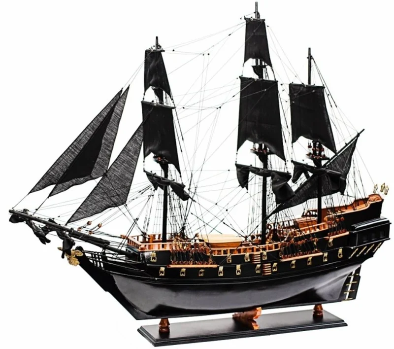 Casa Padrino Luxus Piratenschiff Black Pearl mit Massivholz Ständer Schwarz / Braun 85 x 28 x H. 90 cm - Handgefertigtes Deko Schiff Holzschiff Segelschiff Flaggschiff - Deko Accessoires
