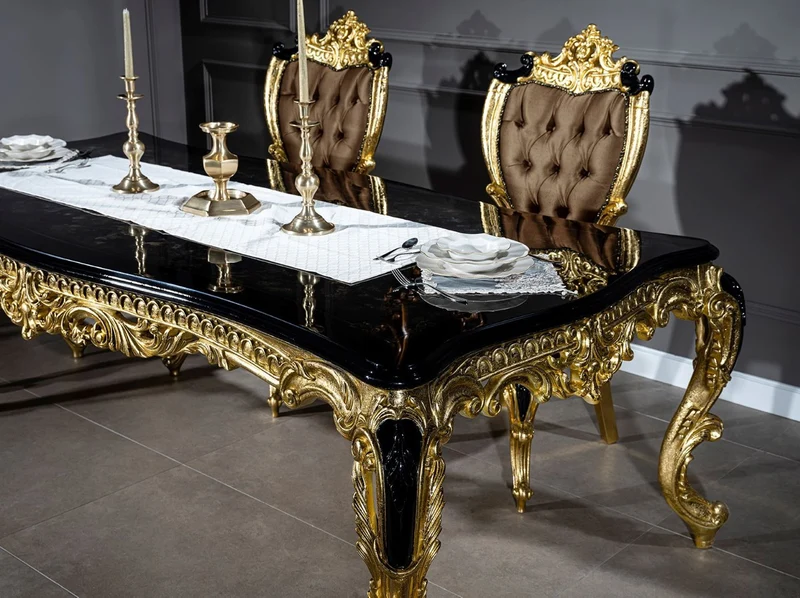 Casa Padrino Luxus Barock Esszimmer Set Braun / Schwarz / Gold - 1 Esstisch & 6 Esszimmerstühle - Prunkvolle Esszimmer Möbel im Barockstil