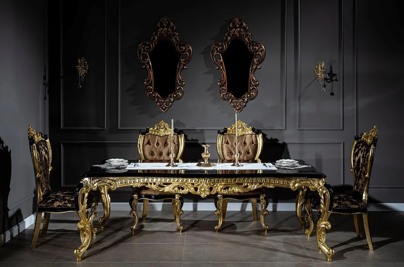 Casa Padrino Luxus Barock Esszimmer Set Braun / Schwarz / Gold - 1 Esstisch & 6 Esszimmerstühle - Prunkvolle Esszimmer Möbel im Barockstil