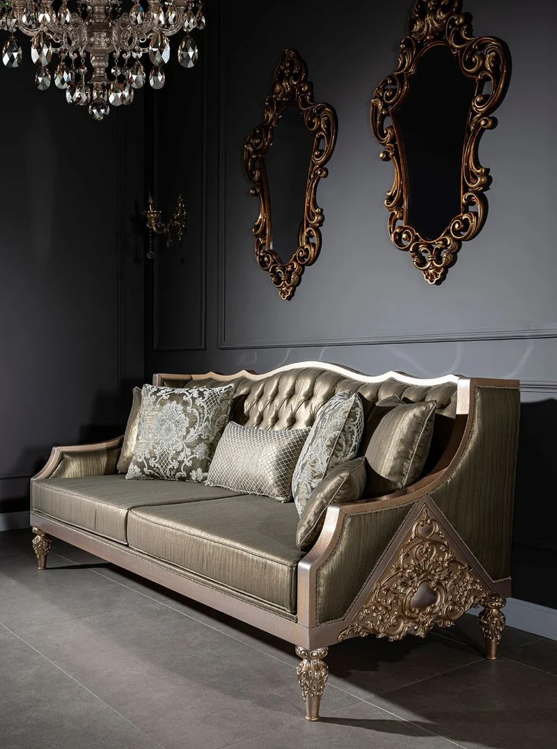Casa Padrino Luxus Barock Wohnzimmer Set Grün / Silber / Kupfer / Gold - 2 Sofas & 2 Sessel & 1 Couchtisch - Wohnzimmer Möbel im Barockstil - Edel & Prunkvoll