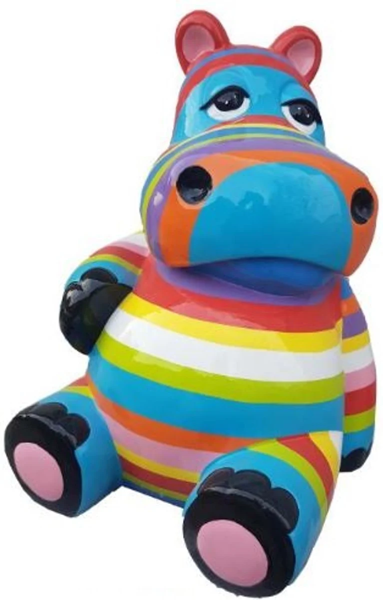 Casa Padrino Designer Deko Skulptur Sitzendes Nilpferd Mehrfarbig Gestreift H. 100 cm - Wetterbeständige Dekofigur - Wohnzimmer Deko - Garten Deko - Terrassen Deko