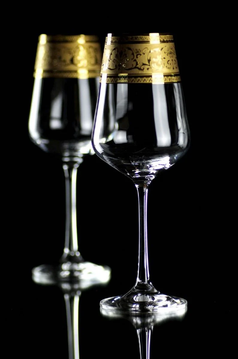 Casa Padrino Luxus Barock Weißweinglas 6er Set Gold Ø 8 x H. 21,5 cm - Handgefertigte und handgravierte Weingläser - Hotel & Restaurant Accessoires - Luxus Qualität