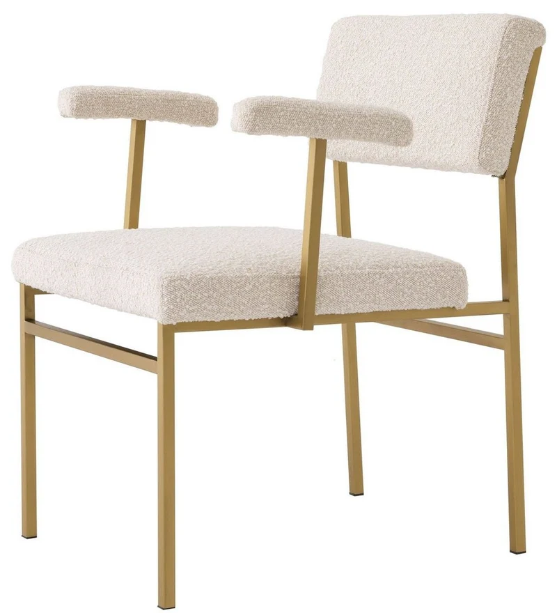Casa Padrino Luxus Esszimmerstuhl Creme / Messingfarben 64 x 67 x H. 84 cm - Edler Küchenstuhl mit Armlehnen - Luxus Esszimmer Möbel