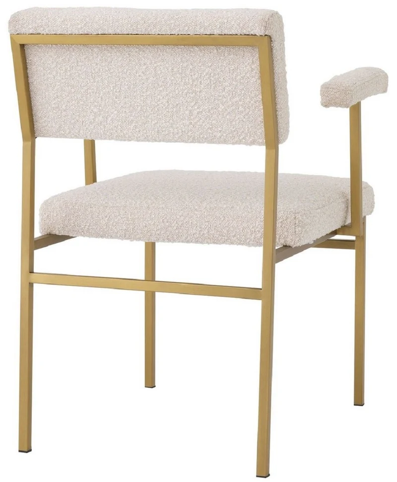 Casa Padrino Luxus Esszimmerstuhl Creme / Messingfarben 64 x 67 x H. 84 cm - Edler Küchenstuhl mit Armlehnen - Luxus Esszimmer Möbel