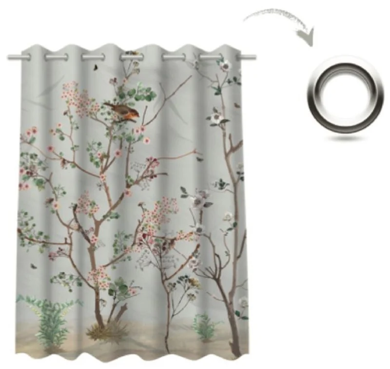 Casa Padrino Luxus Vorhang Set Pflanzen & Vögel Grau / Mehrfarbig 250 x H. 290 cm - Bedruckte Leinen & Samt Vorhänge - Ösenvorhänge - Schiebevorhänge - Luxus Deko Accessoires