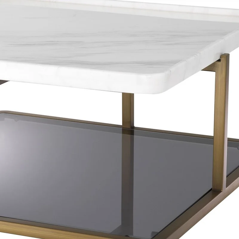 Casa Padrino Luxus Couchtisch Messingfarben / Weiß / Grau 58 x 58 x H. 27,5 cm - Moderner Edelstahl Wohnzimmertisch mit Marmorplatte und getönter Glasplatte - Luxus Möbel