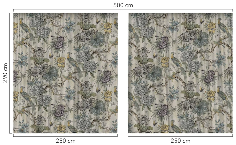 Casa Padrino Luxus Vorhang Set Blumen & Vögel Hellbeige / Mehrfarbig 250 x H. 290 cm - Bedruckte Leinen & Samt Vorhänge - Ösenvorhänge - Schiebevorhänge - Wohnzimmer Schlafzimmer Vorhänge