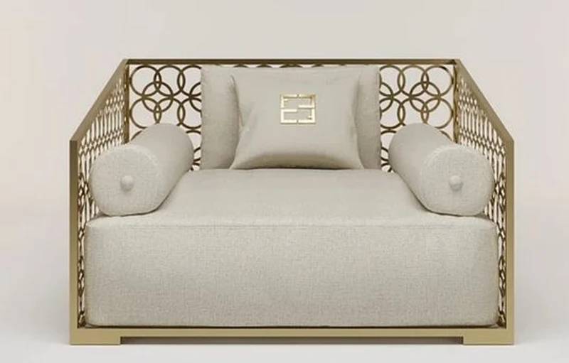 Casa Padrino Luxus Sessel Elfenbeinfarben / Champagner-Gold 135 x 109 cm - Handgefertigter Sessel mit Kissen - Wohnzimmer Sessel - Garten Sessel - Terrassen Sessel - Hotel Möbel - Luxus Qualität