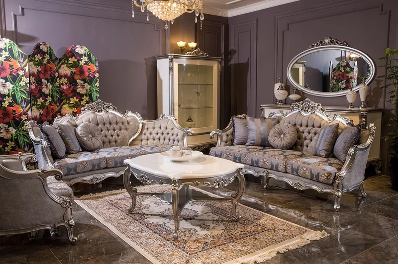 Casa Padrino Luxus Barock Sofa Grau / Blau / Silber 227 x 93 x H. 117 cm - Prunkvolles Wohnzimmer Sofa mit Blumenmuster und dekorativen Kissen - Barock Wohnzimmer Möbel