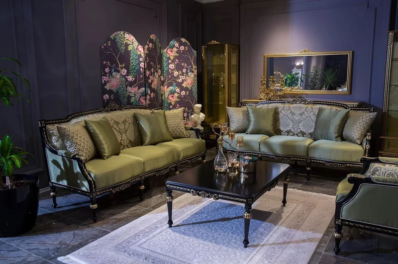 Casa Padrino Luxus Barock Wohnzimmer Sofa Grün / Schwarz / Gold 209 x 74 x H. 106 cm - Edles Massivholz Sofa mit dekorativen Kissen - Wohnzimmer Möbel im Barockstil