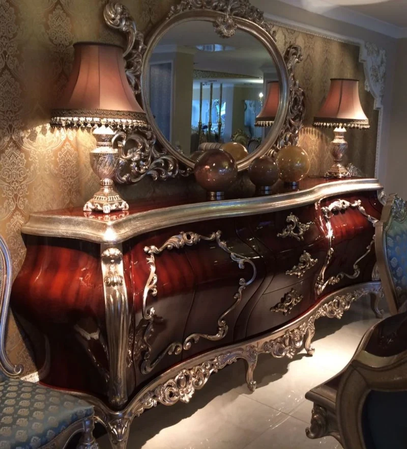 Casa Padrino Luxus Barock Möbel Set Sideboard mit Spiegel Dunkelbraun / Silber - Prunkvoller Massivholz Schrank mit elegantem Wandspiegel - Möbel im Barockstil