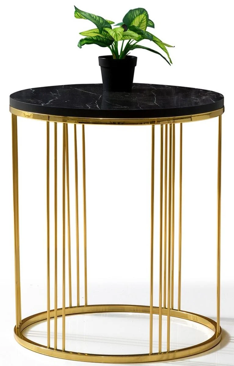 Casa Padrino Luxus Beistelltisch Gold / Schwarz Ø 47 x H. 50 cm - Runder Tisch mit Marmorplatte - Wohnzimmer Möbel