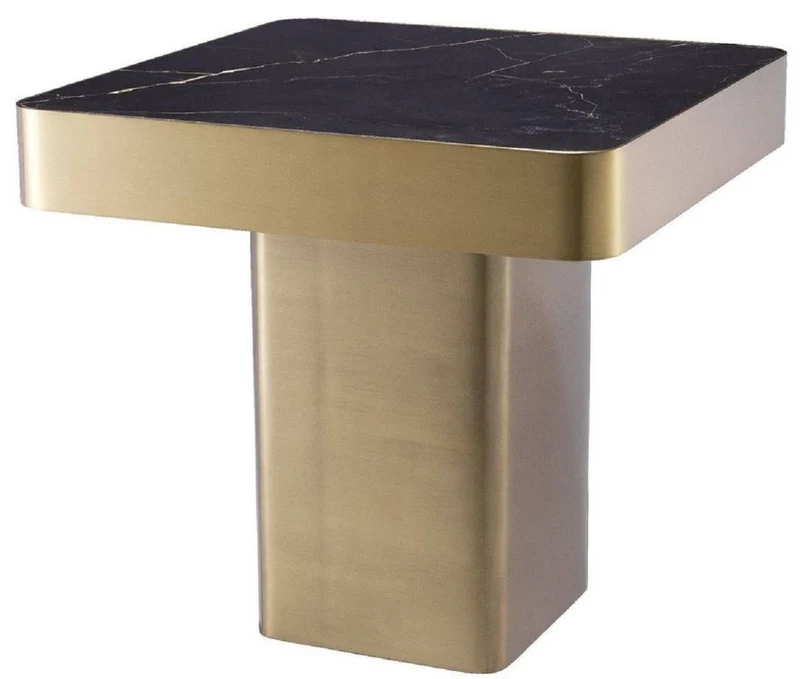 Casa Padrino Luxus Beistelltisch Schwarz / Messingfarben 50 x 50 x H. 47,5 cm - Quadratischer Edelstahl Tisch mit Keramikplatte - Wohnzimmer Möbel - Luxus Möbel