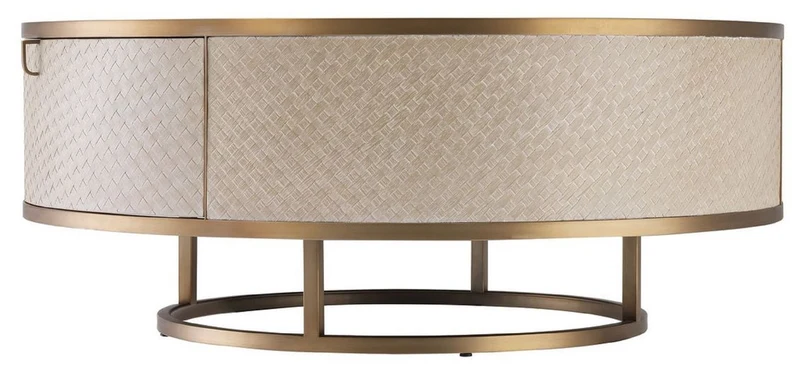 Casa Padrino Luxus Couchtisch Beige / Messingfarben Ø 100 x H. 40,5 cm - Runder Wohnzimmertisch mit 2 Schubladen - Luxus Wohnzimmer Möbel