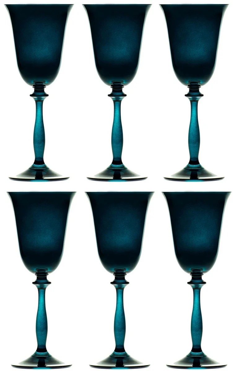 Casa Padrino Luxus Barock Weißweinglas 6er Set Blau-Grün Ø 8,5 x H. 21 cm - Handgefertigte Weingläser - Hotel & Restaurant Accessoires - Luxus Qualität