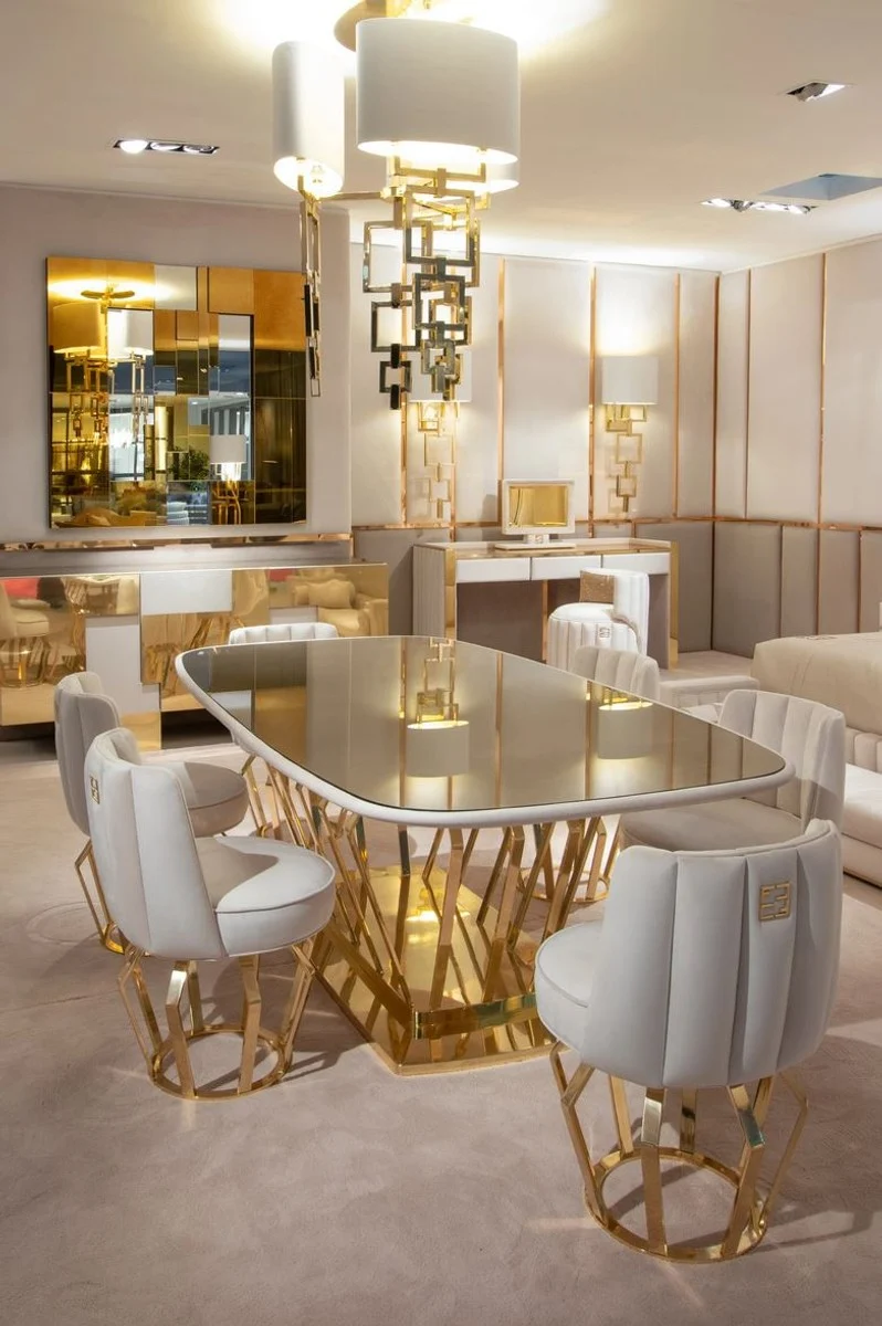 Casa Padrino Luxus Designer Esszimmer Set Elfenbeinfarben / Gold - 1 Esstisch & 6 Esszimmerstühle - Luxus Designer Esszimmermöbel - Hotel Möbel - Luxus Qualität - Made in Italy