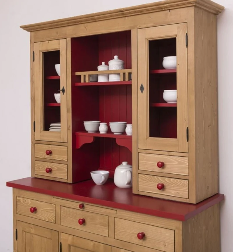 Casa Padrino Landhausstil Küchenschrank Naturfarben / Bordeauxrot 137 x 50 x H. 197 cm - 2 Teiliger Küchenschrank mit 5 Türen und 7 Schubladen - Landhausstil Küchenmöbel
