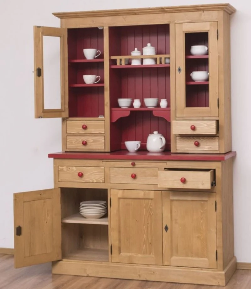 Casa Padrino Landhausstil Küchenschrank Naturfarben / Bordeauxrot 137 x 50 x H. 197 cm - 2 Teiliger Küchenschrank mit 5 Türen und 7 Schubladen - Landhausstil Küchenmöbel
