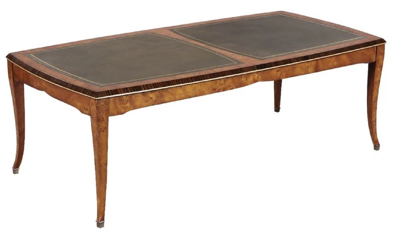 Casa Padrino Luxus Jugendstil Couchtisch Hellbraun / Braun 150 x 75 x H. 47 cm - Eleganter Massivholz Wohnzimmertisch mit hochwertigem Echtleder - Barock & Jugendstil Wohnzimmer Möbel