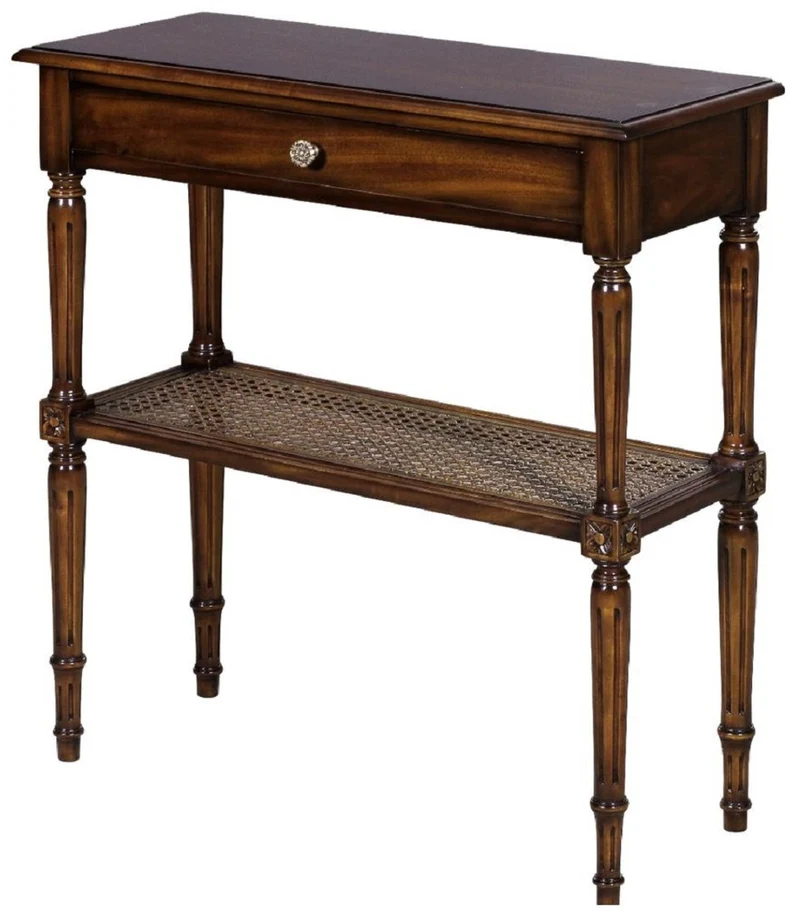 Casa Padrino Luxus Jugendstil Nachtkommode Braun 71 x 28 x H. 76 cm - Eleganter Massivholz Nachttisch - Beistelltisch mit Schublade und Rattan Regal - Schlafzimmer Möbel