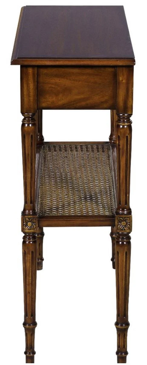 Casa Padrino Luxus Jugendstil Nachtkommode Braun 71 x 28 x H. 76 cm - Eleganter Massivholz Nachttisch - Beistelltisch mit Schublade und Rattan Regal - Schlafzimmer Möbel
