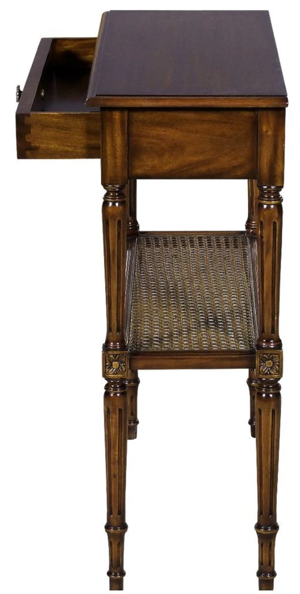 Casa Padrino Luxus Jugendstil Nachtkommode Braun 71 x 28 x H. 76 cm - Eleganter Massivholz Nachttisch - Beistelltisch mit Schublade und Rattan Regal - Schlafzimmer Möbel