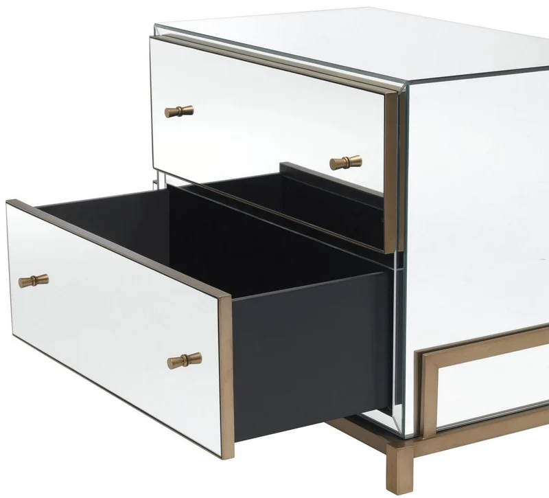 Casa Padrino Luxus Spiegelglas Nachttisch Messingfarben 81,5 x 52 x H. 62 cm - Verspiegelte Nachtkommode mit 2 Schubladen - Schlafzimmer Möbel