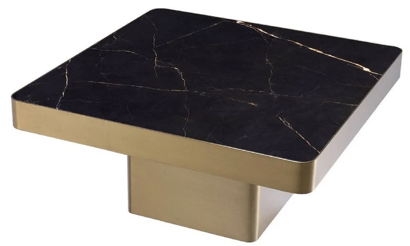 Casa Padrino Luxus Couchtisch Schwarz / Messingfarben 81 x 81 x H. 38,5 cm - Quadratischer Edelstahl Wohnzimmertisch mit Keramikplatte - Wohnzimmer Möbel - Luxus Möbel