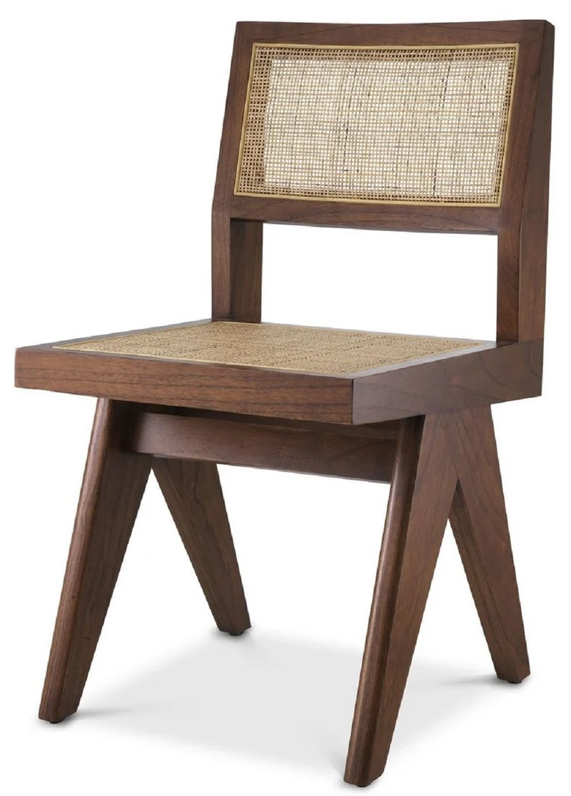 Casa Padrino Luxus Esszimmerstuhl Braun / Naturfarben 44 x 54 x H. 85,5 cm - Massivholz Stuhl mit Rattangeflecht - Luxus Esszimmer Möbel