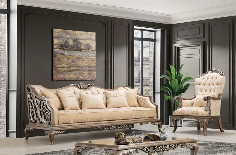 Casa Padrino Luxus Barock Wohnzimmer Set Beige / Gold / Braun / Silber - 2 Sofas & 2 Sessel & 1 Couchtisch - Handgefertigte Barock Wohnzimmer Möbel - Edel & Prunkvoll