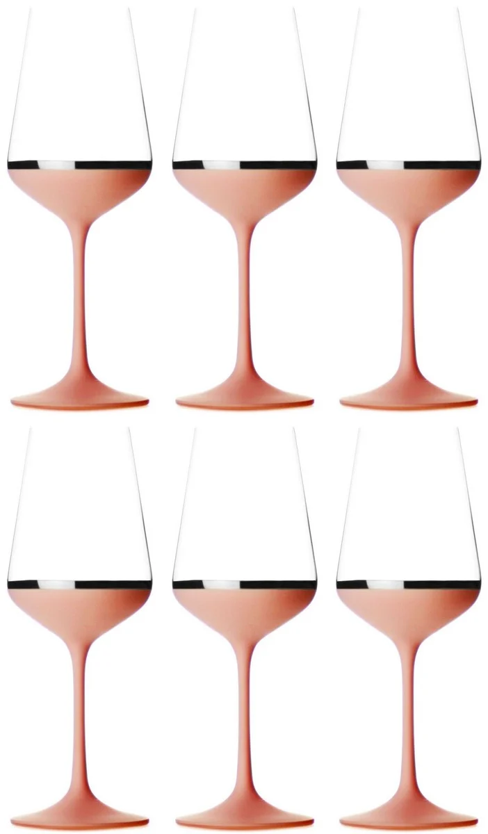Casa Padrino Luxus Rotweinglas 6er Set Altrosa / Silber Ø 8,5 x H. 24 cm - Handgefertigte und handbemalte Weingläser - Hotel & Restaurant Accessoires - Luxus Qualität