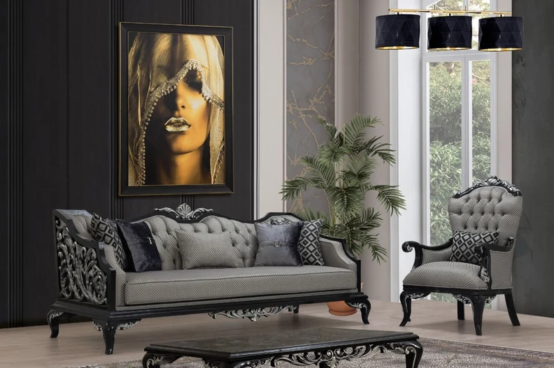 Casa Padrino Luxus Barock Wohnzimmer Set Silber / Schwarz - 2 Sofas & 2 Sessel & 1 Couchtisch - Handgefertigte Barock Wohnzimmer Möbel - Edel & Prunkvoll
