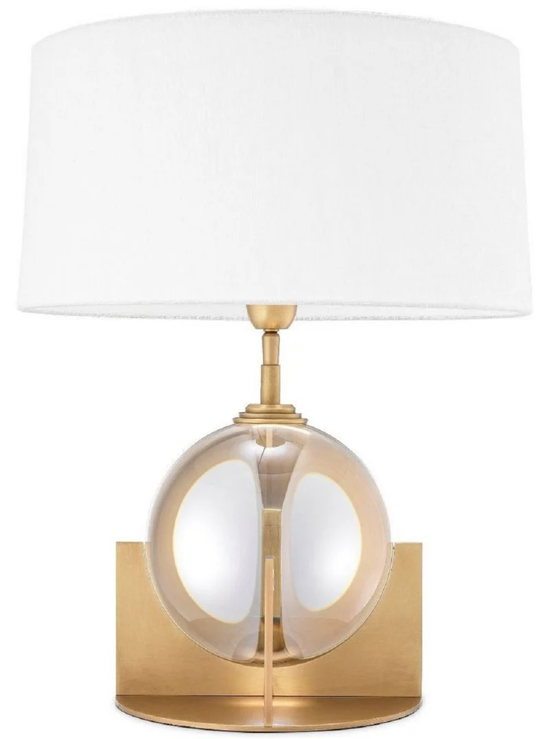 Casa Padrino Luxus Tischleuchte Antik Messingfarben / Weiß Ø 38 x H. 52 cm - Moderne Schreibtischleuchte mit dekorativer Kristallglas Perle - Luxus Qualität