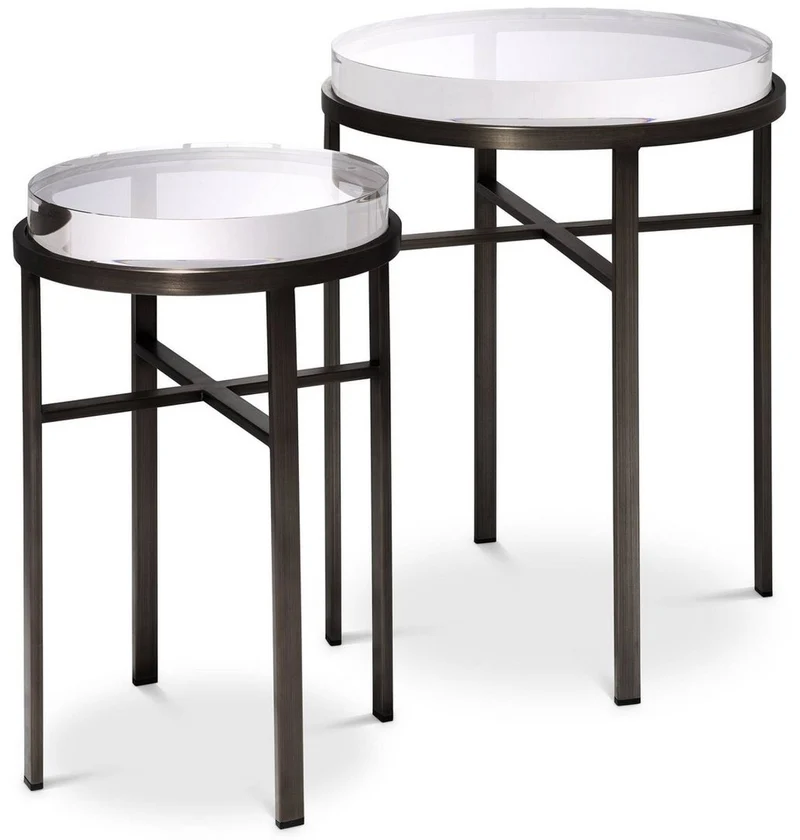Casa Padrino Luxus Beistelltisch Set Bronzefarben - 2 Runde Edelstahl Tische mit Glasplatte - Luxus Wohnzimmer Möbel