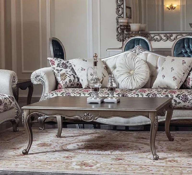 Casa Padrino Luxus Barock Couchtisch Silber 126 x 90 x H. 45 cm - Rechteckiger Massivholz Wohnzimmertisch im Barockstil - Barock Wohnzimmer Möbel