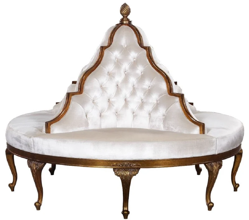 Casa Padrino Luxus Barock Rundsofa Weiß / Antik Gold - Handgefertigtes rundes Samt Sofa - Barock Hotel & Restaurant Möbel