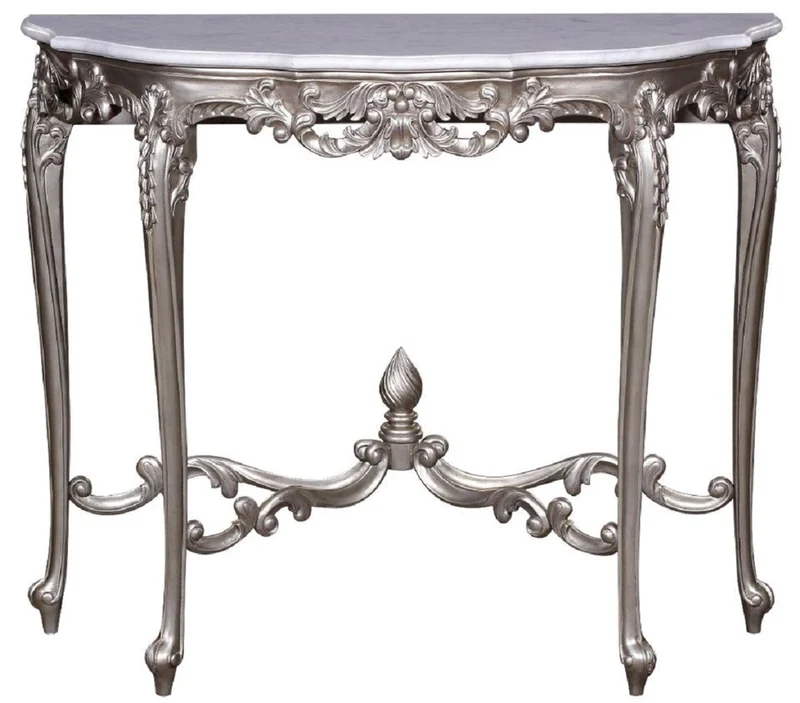 Casa Padrino Luxus Barock Konsole Silber / Weiß - Handgeferigter Massivholz Konsolentisch mit Marmorplatte - Barock Möbel