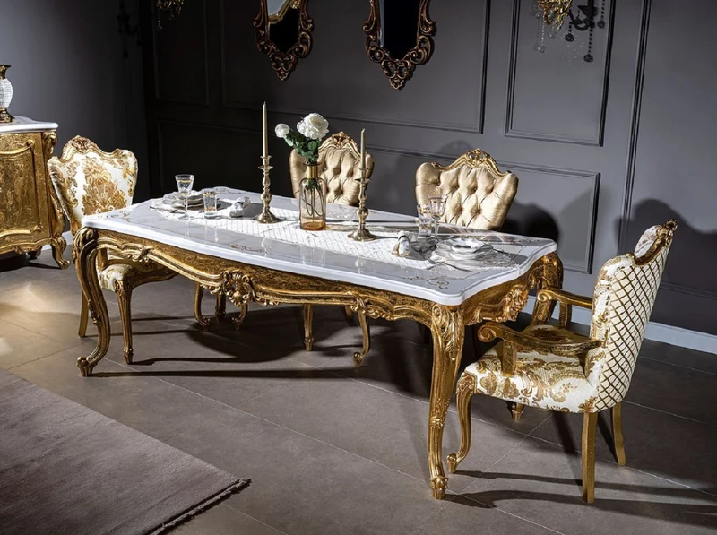 Casa Padrino Luxus Barock Esszimmer Set Weiß / Gold - 1 Esstisch & 6 Esszimmerstühle - Handgefertigte Esszimmer Möbel im Barockstil - Edel & Prunkvoll