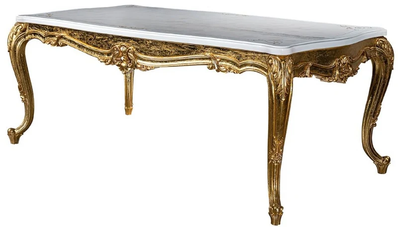 Casa Padrino Luxus Barock Esszimmer Set Weiß / Gold - 1 Esstisch & 6 Esszimmerstühle - Handgefertigte Esszimmer Möbel im Barockstil - Edel & Prunkvoll